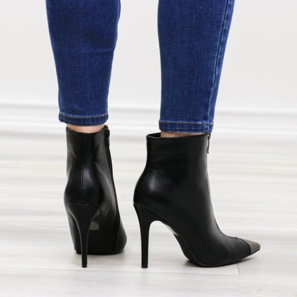 Pointy Toe Ankle Black Boots Faux Leather - Picture 8 of 14